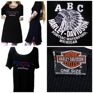 Vtg 90's Harley Davidson Sleep Shirt OS Black Waffle Purple red Flames Heart USA